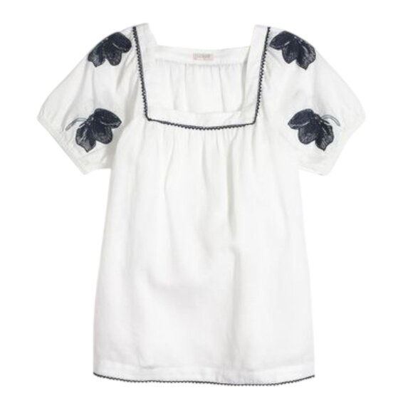 J Crew 100% Linen Peasant blouse with navy blue embroidery - Picture 1 of 5